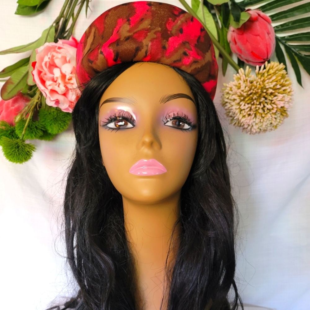 Vintage Union Made Pillbox Hat Pink Brown Pattern